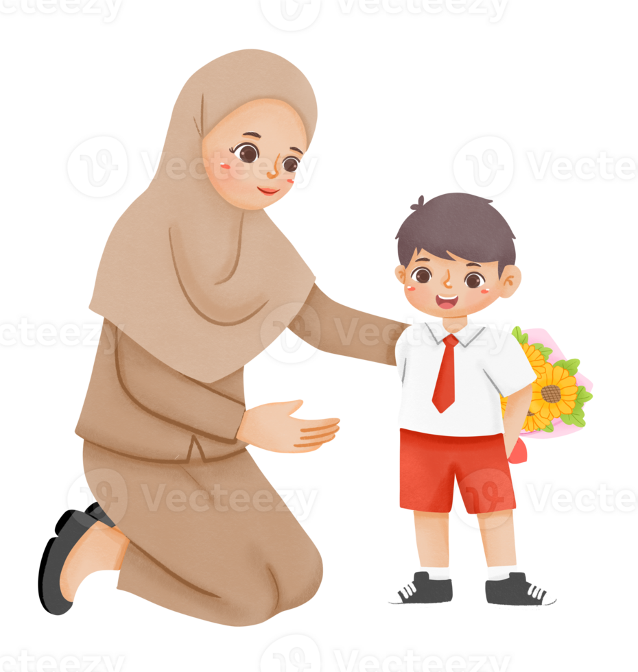 A woman is giving a boy a gift png