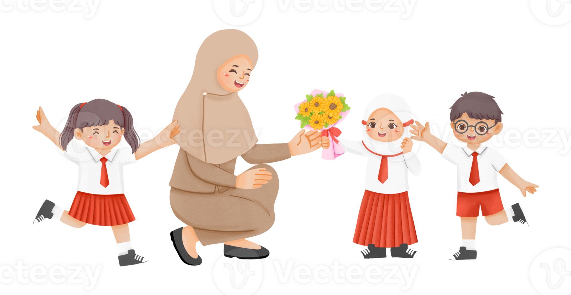 A cartoon of a woman giving flowers to children png