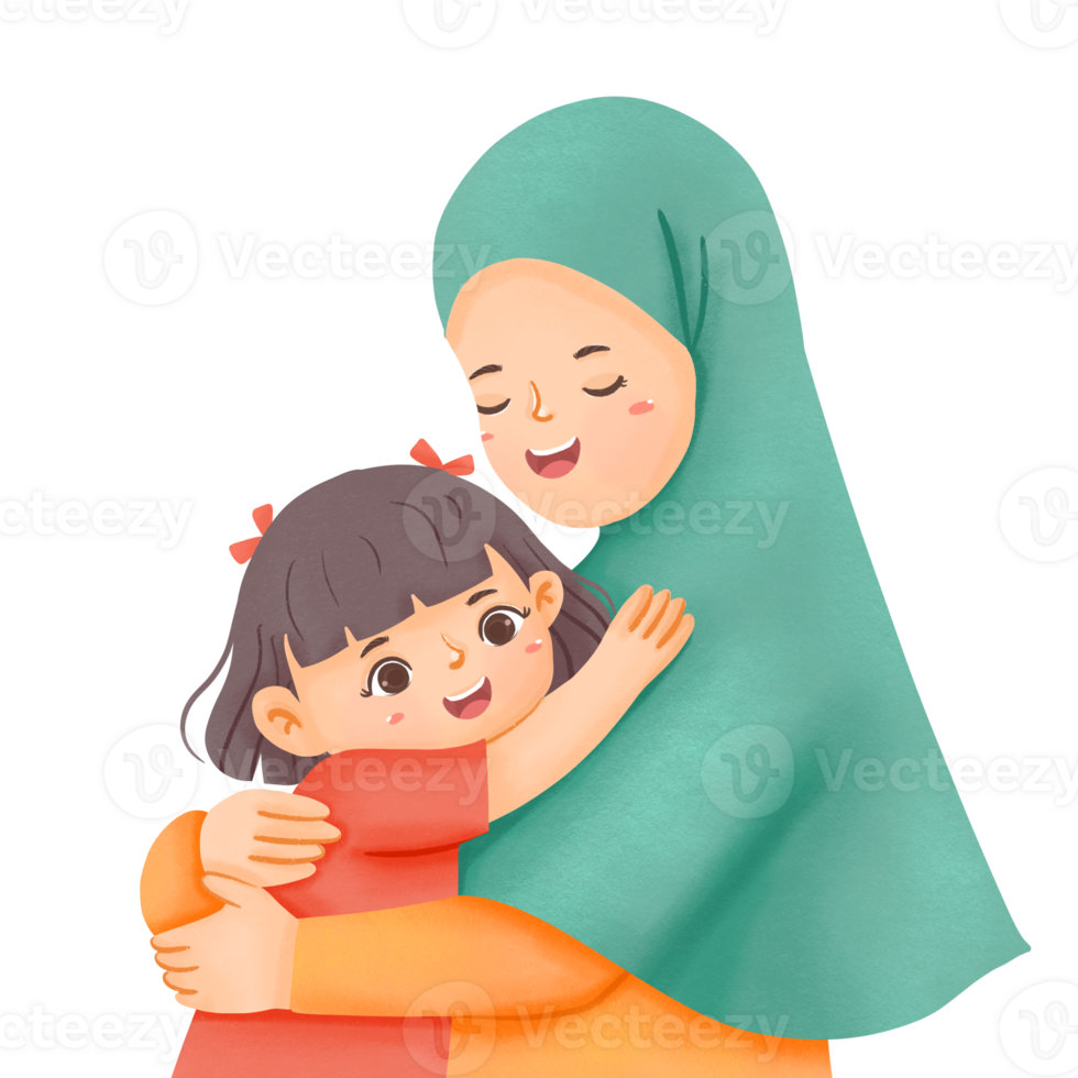 An illustration of a muslim woman hugging her daughter png