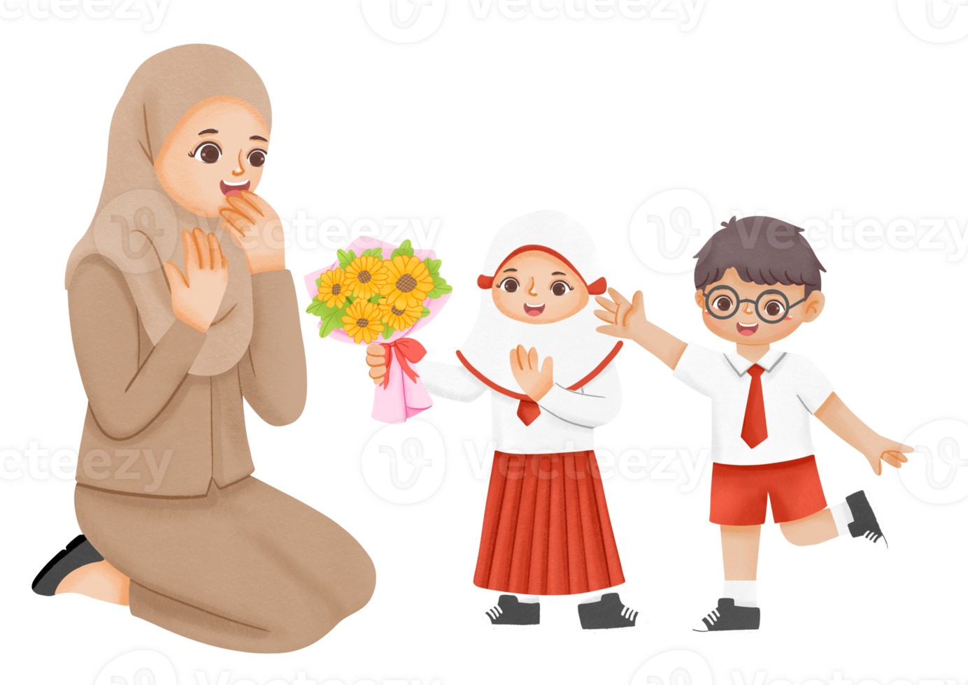 A woman is giving flowers to two children png
