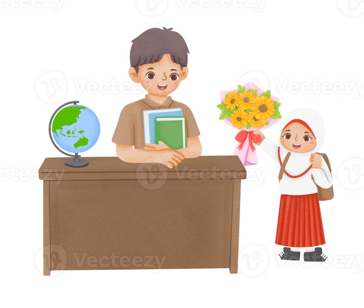 A boy and girl are standing at a desk with a globe png