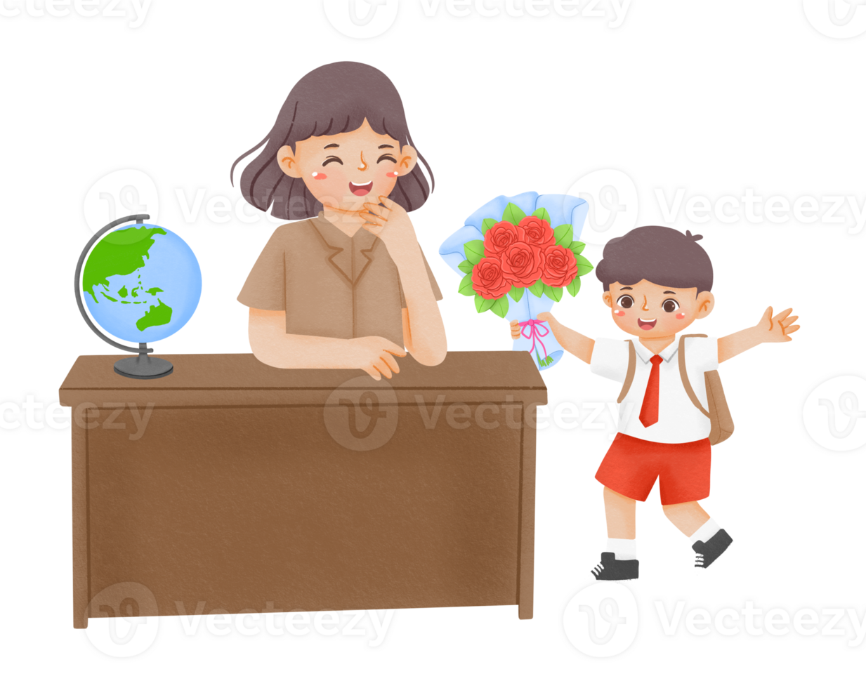 A woman and a boy are standing in front of a desk with a globe png