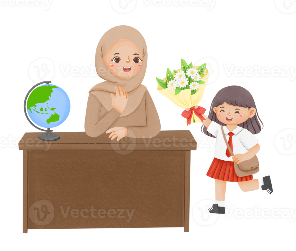 A woman and a girl are standing at a desk with flowers png