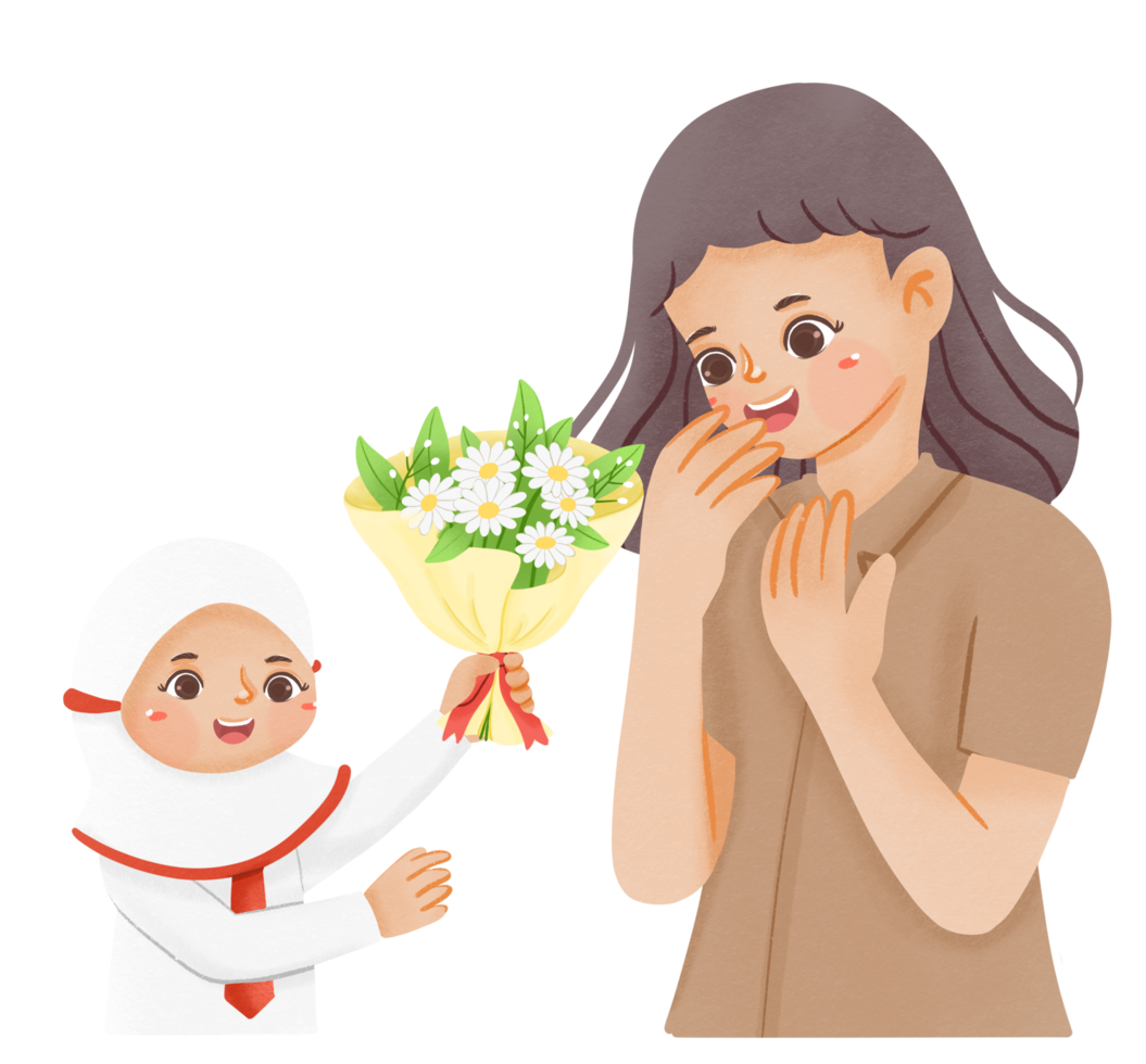 A mother giving her daughter a bouquet of flowers png