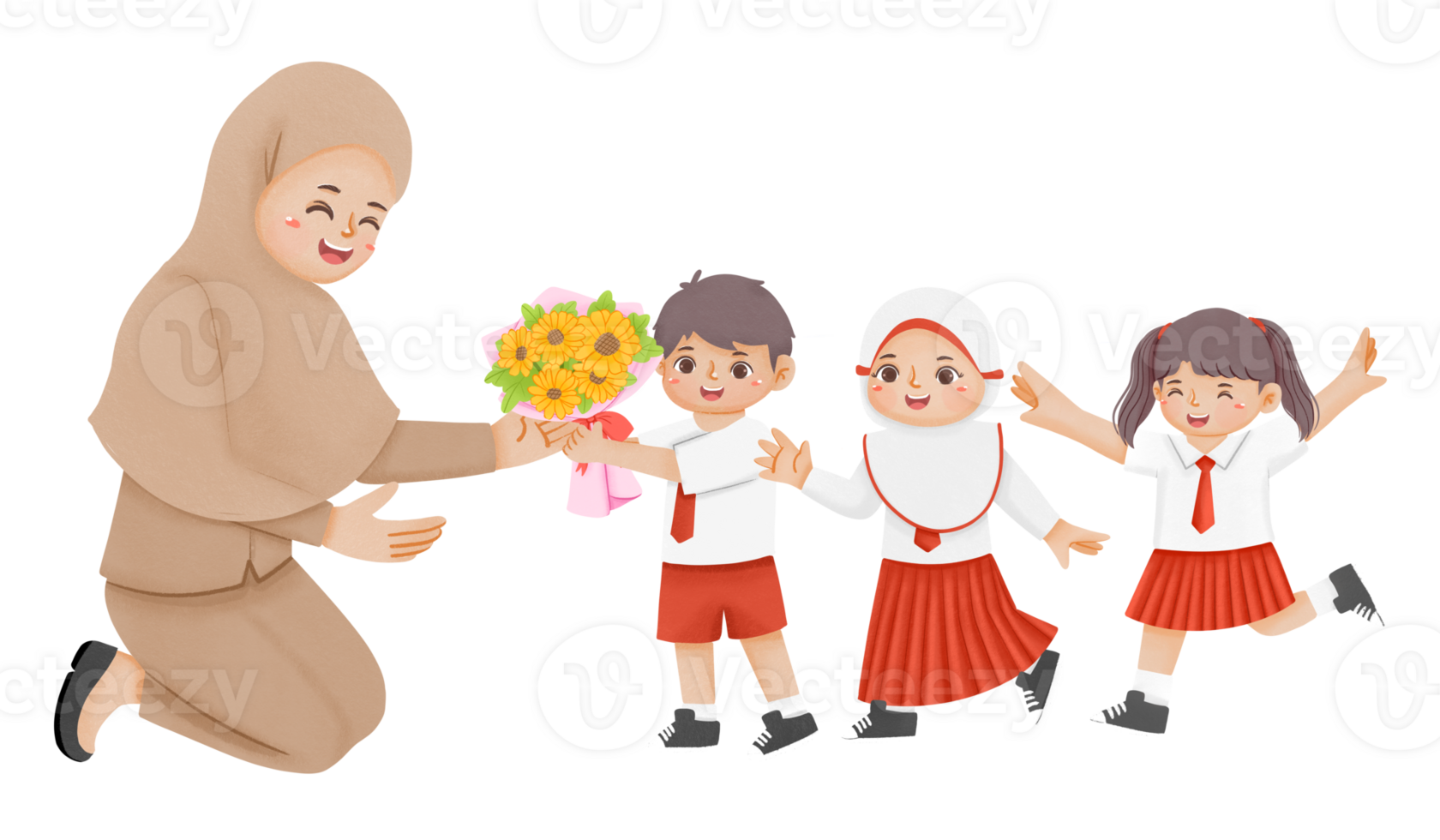 A woman giving flowers to children png
