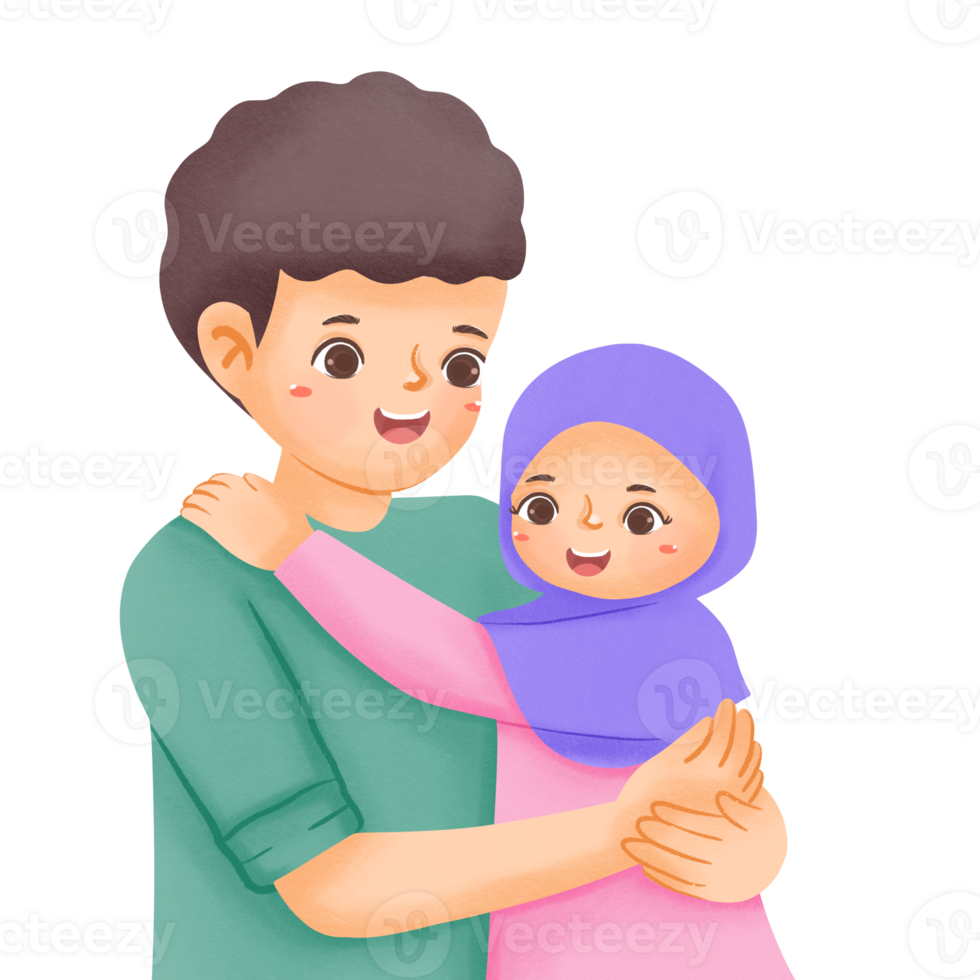 A cartoon illustration of a muslim couple hugging png