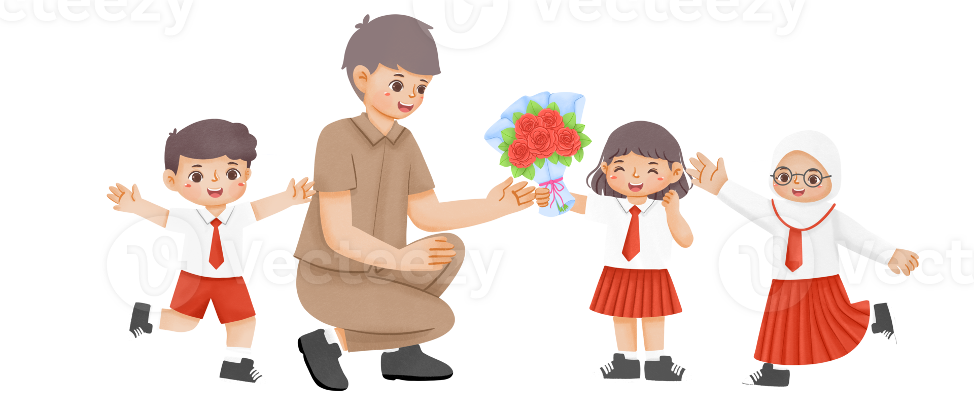 A man and three children are holding flowers png