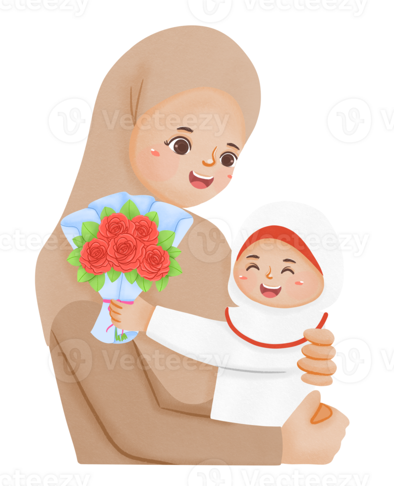 A woman holding a baby and a bouquet of flowers png