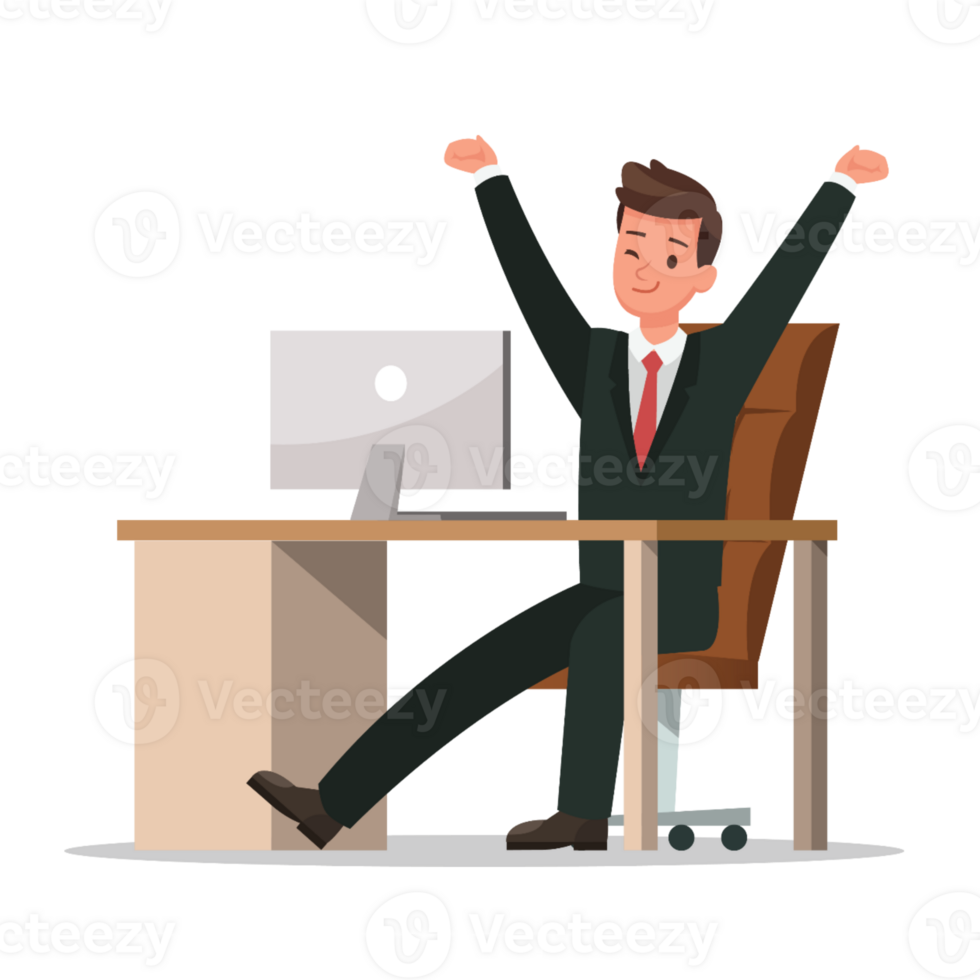 businessman sitting at his desk with his arms up png
