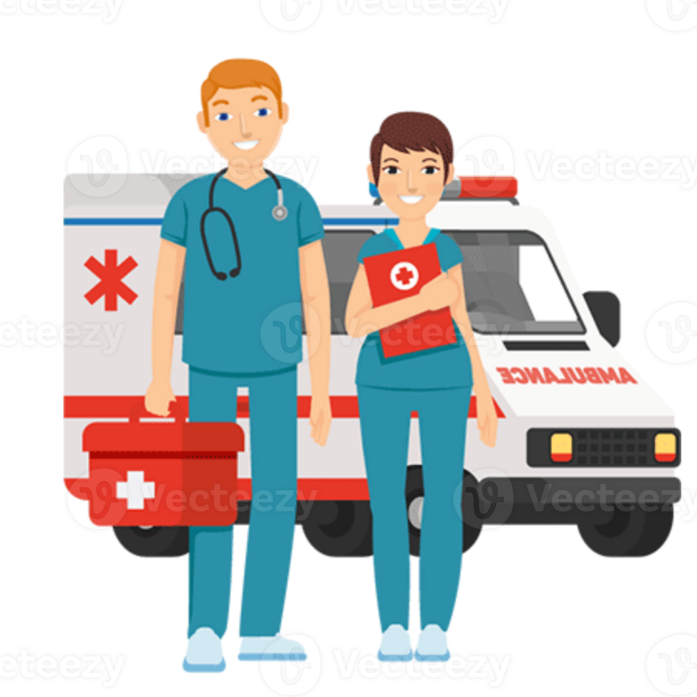 an ambulance and a doctor standing next to an ambulance png