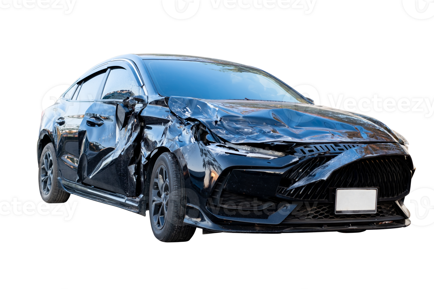 Car crash, Full body front and side view of black car get damaged by accident on the road. damaged cars after collision. Isolated on transparent background, car crash broken, File png