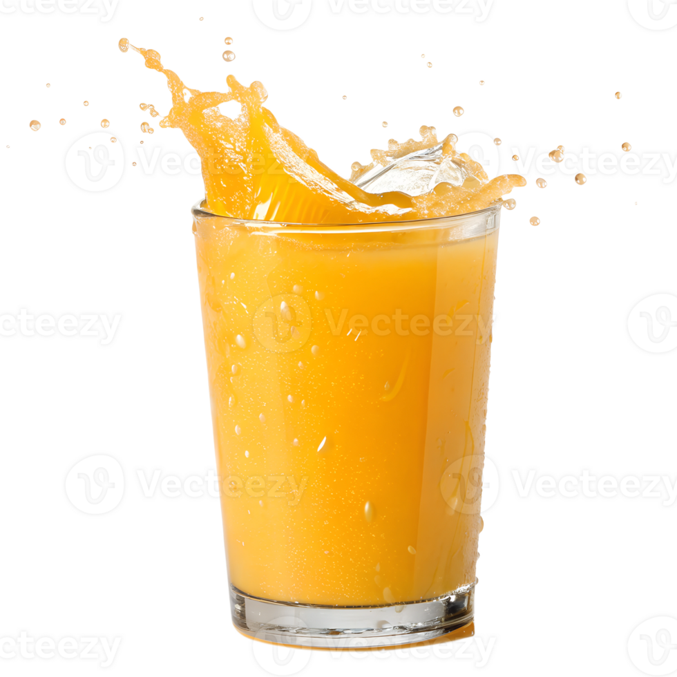 Fresh orange juice splashing from a glass isolated on a transparent background png