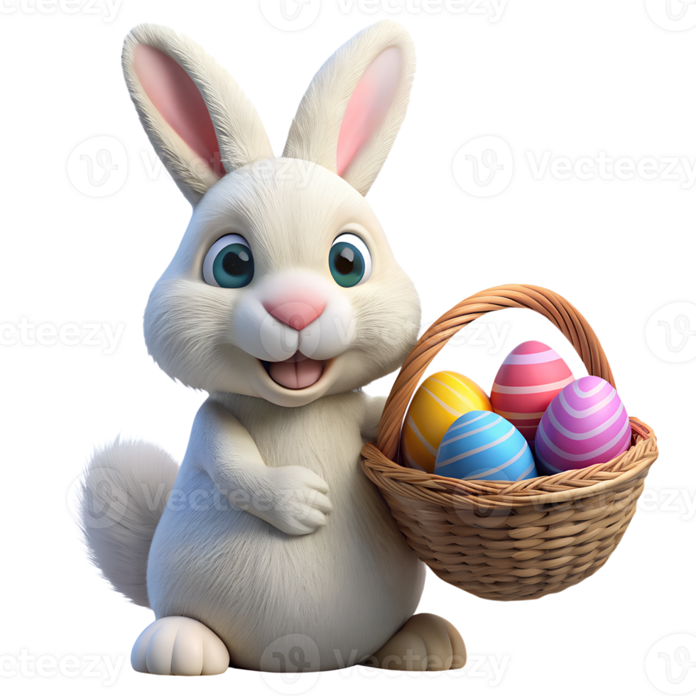 Cute fluffy Easter Bunny holding basket with colorful Easter eggs. Happy Easter holiday. 3d illustration isolated png