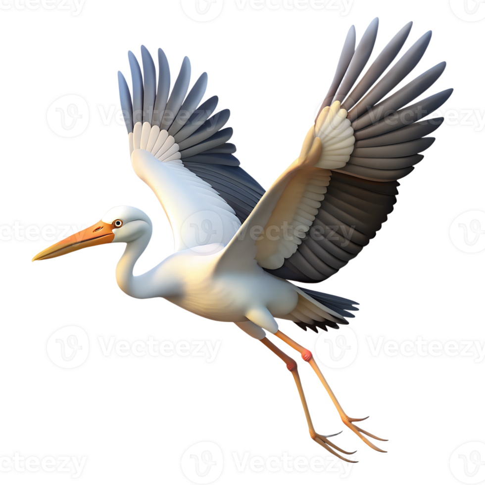 Flying stork with its wings wide open 3d illustration isolated on the transparent background png