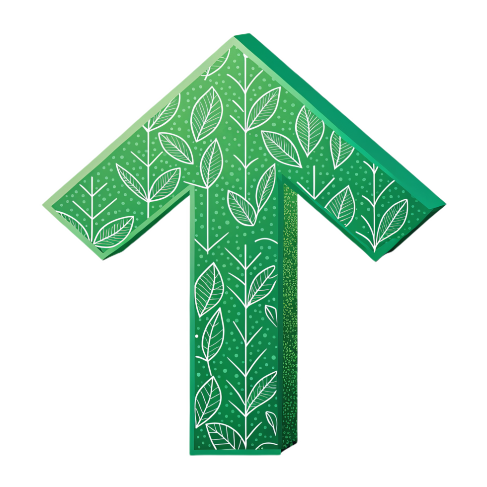 green arrow pointing upward with leaf patterns symbolizes growth and positivity. This vibrant design represents nature, progress, and sustainability png