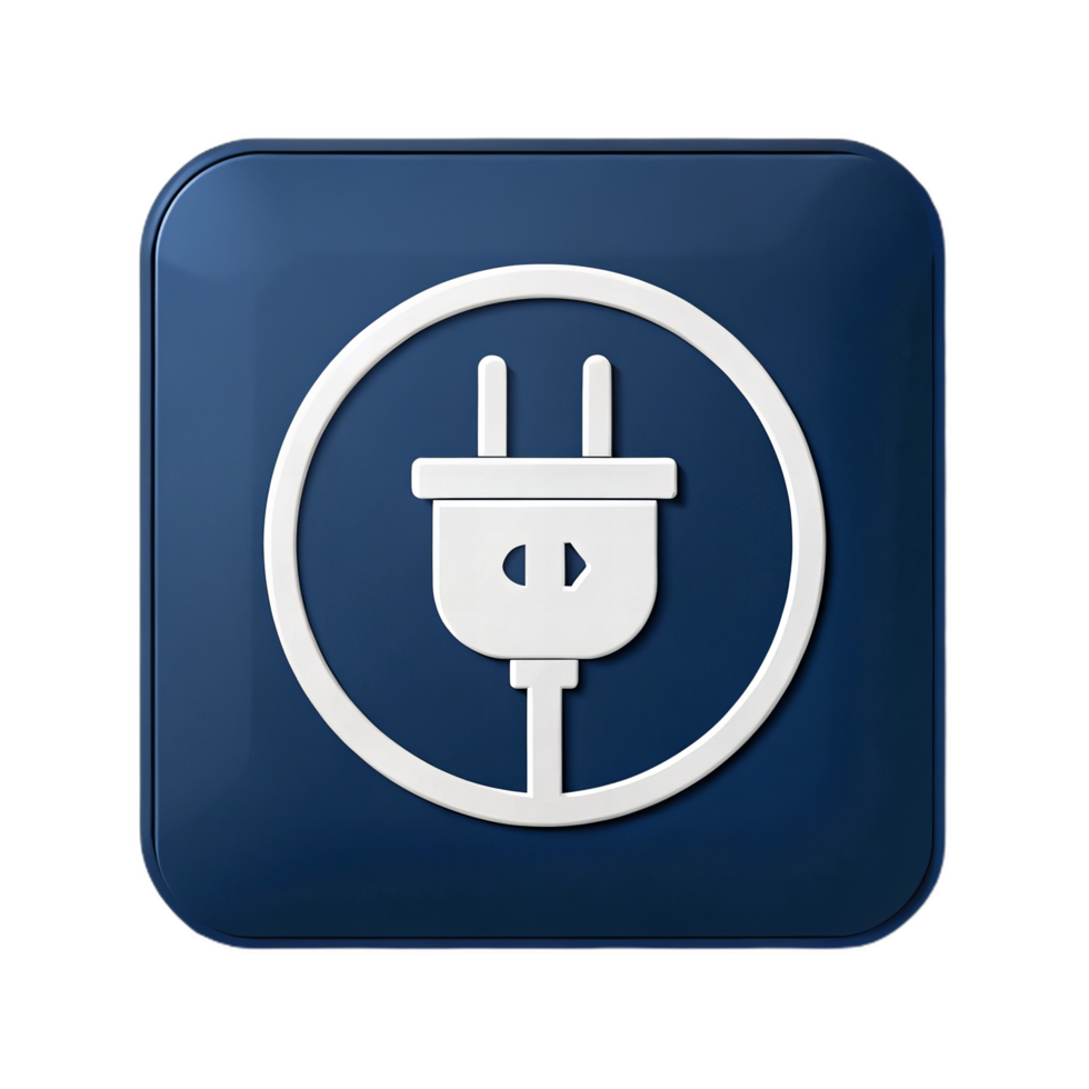 clean navy blue square button featuring white electric plug icon, symbolizing power and connectivity. This design is modern and visually appealing png