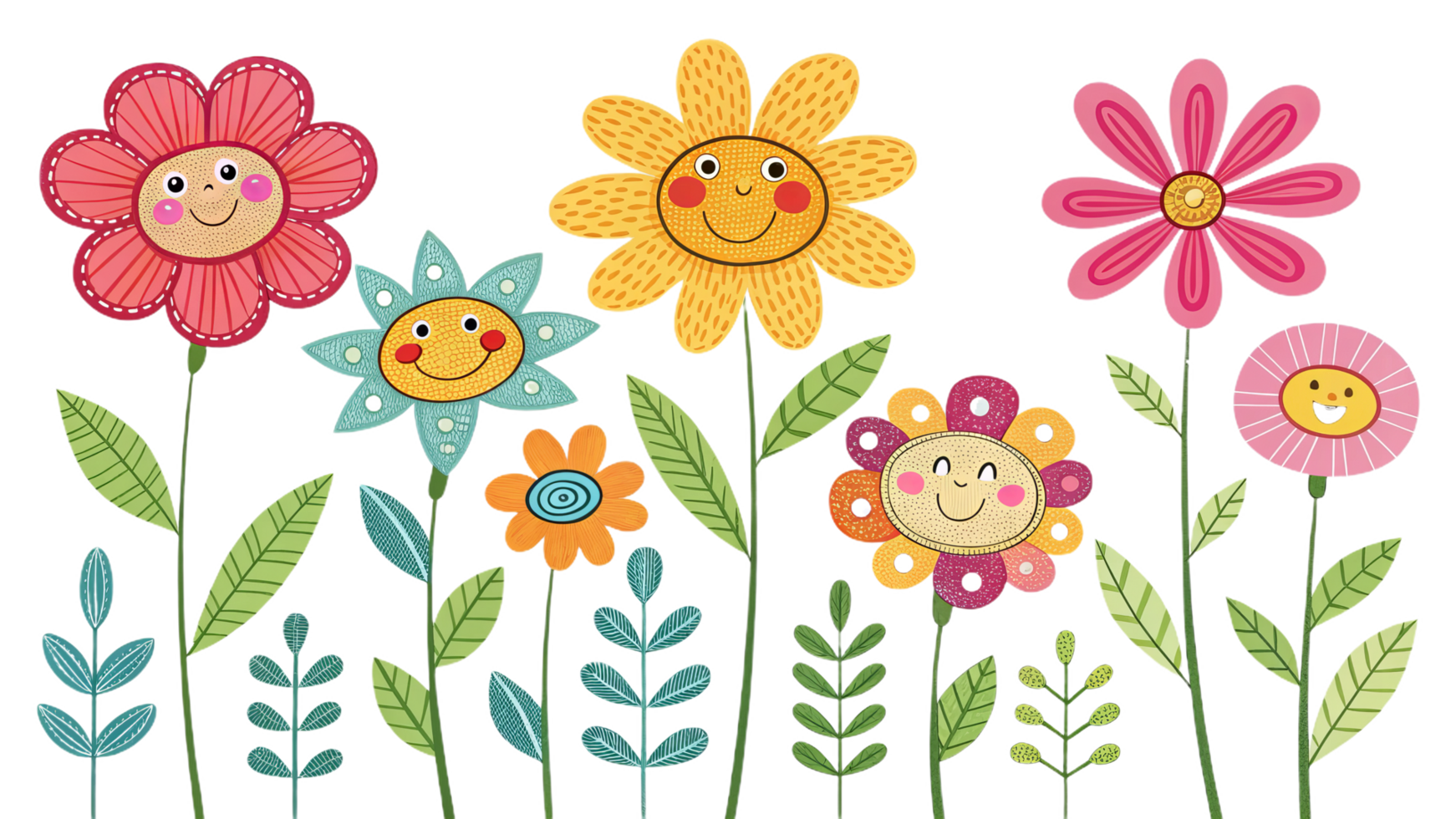 Colorful cartoon flowers with smiling faces and various patterns create cheerful and whimsical scene. vibrant colors and playful designs evoke sense of joy and creativity png