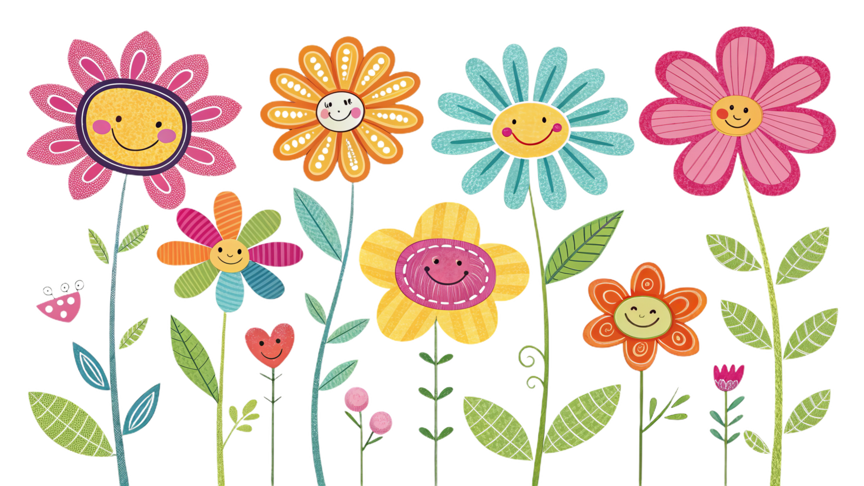 Colorful cartoon flowers with smiling faces and various patterns create cheerful and playful scene. Perfect for children designs or joyful themes png
