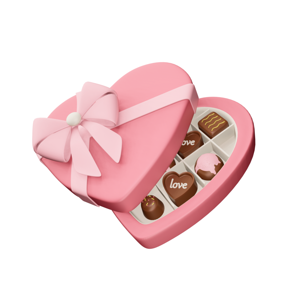 Heart shaped box with a bow and chocolates inside. 3D Gift for Valentine's Day. png