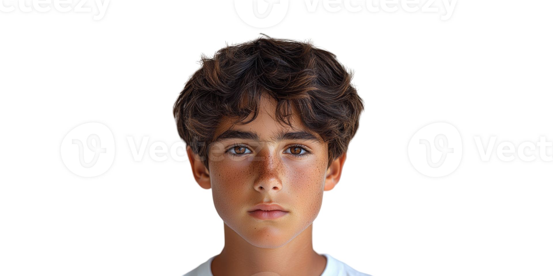 Serious Boy With Brown Hair Isolated on Transparent Background. png
