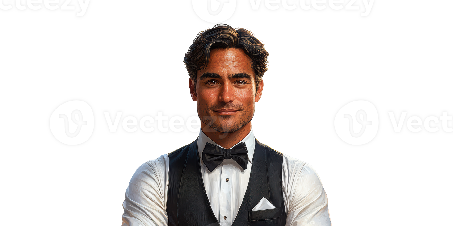 Waiter in Vest With Tie Isolated on Transparent Background. png