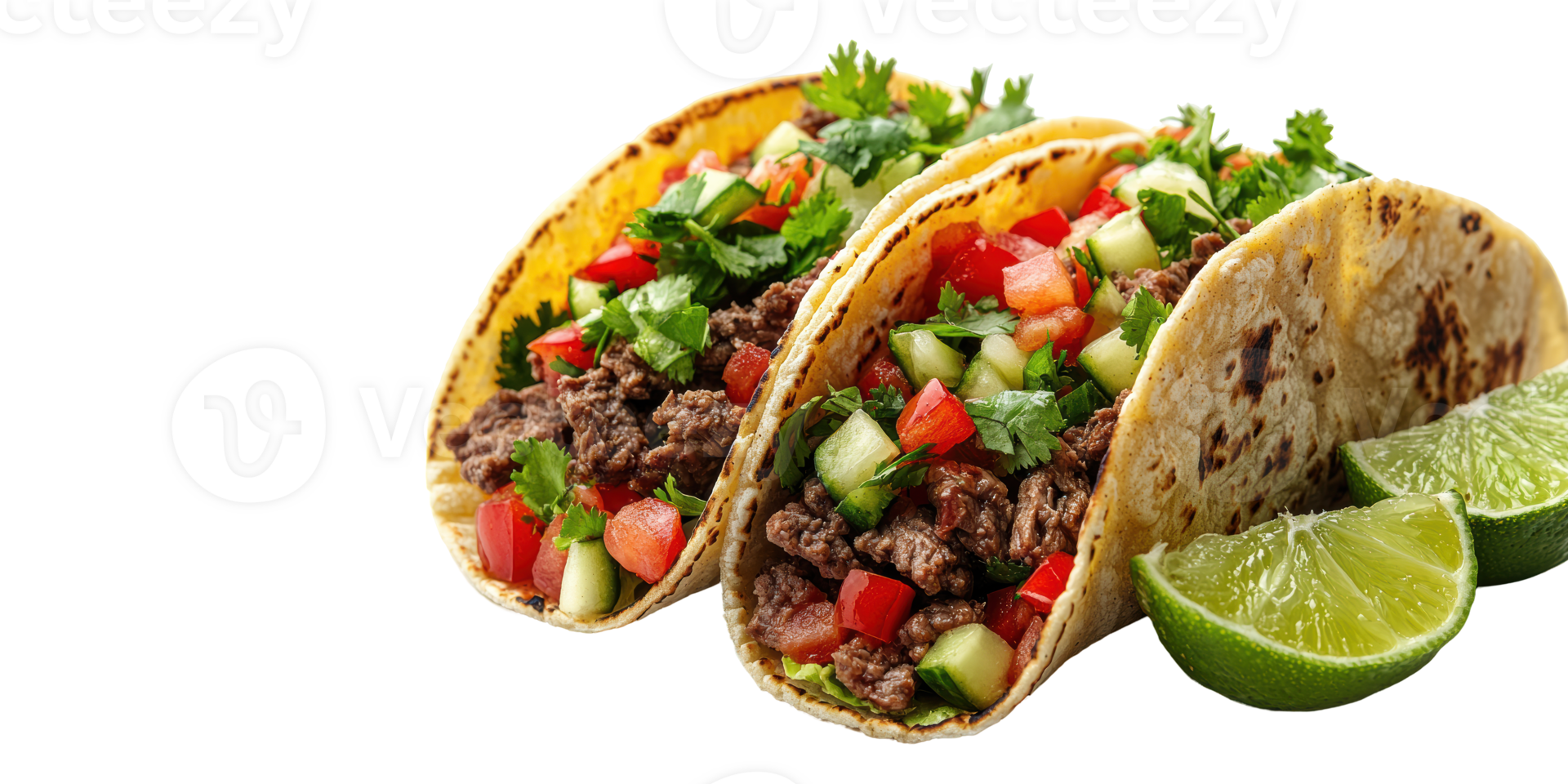 Delicious tacos with beef, vegetables, and lime isolated on transparent background png