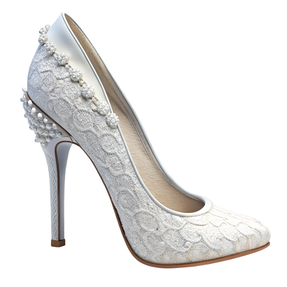Elegant White Lace Wedding Shoe with Pearl Accents png