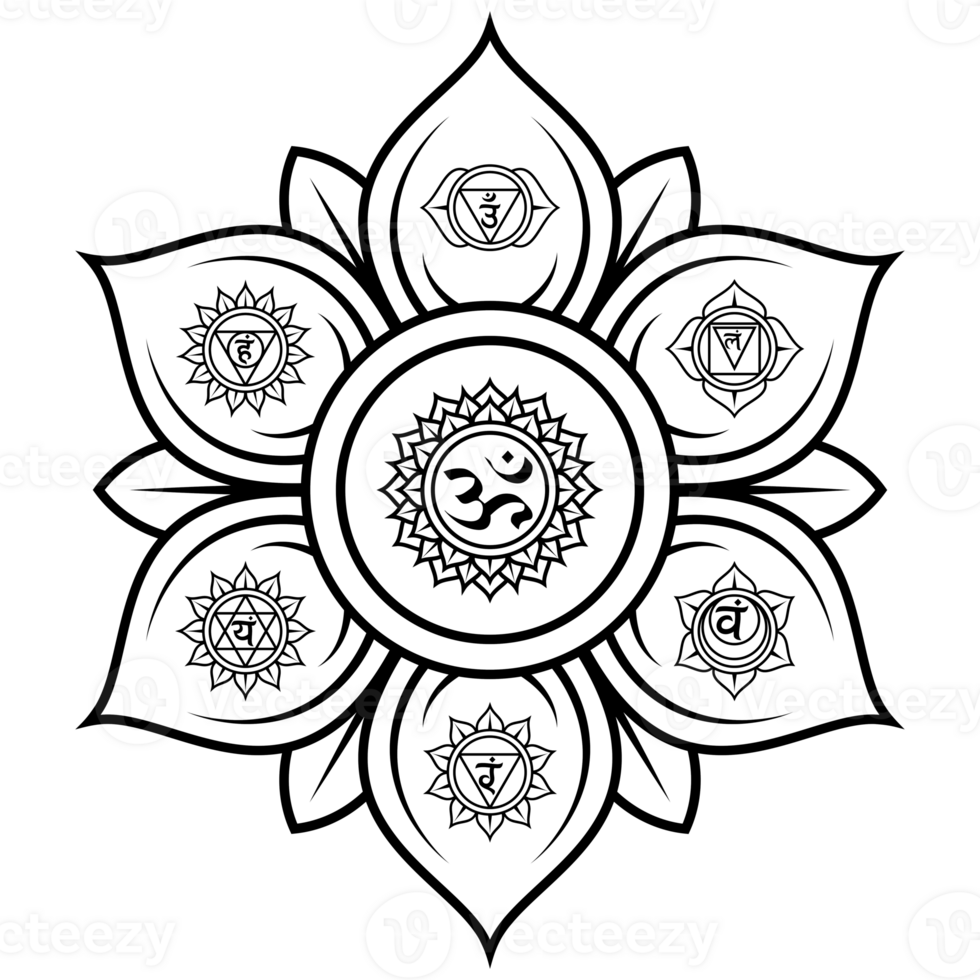 A black and white drawing of a flower with seven different symbols png