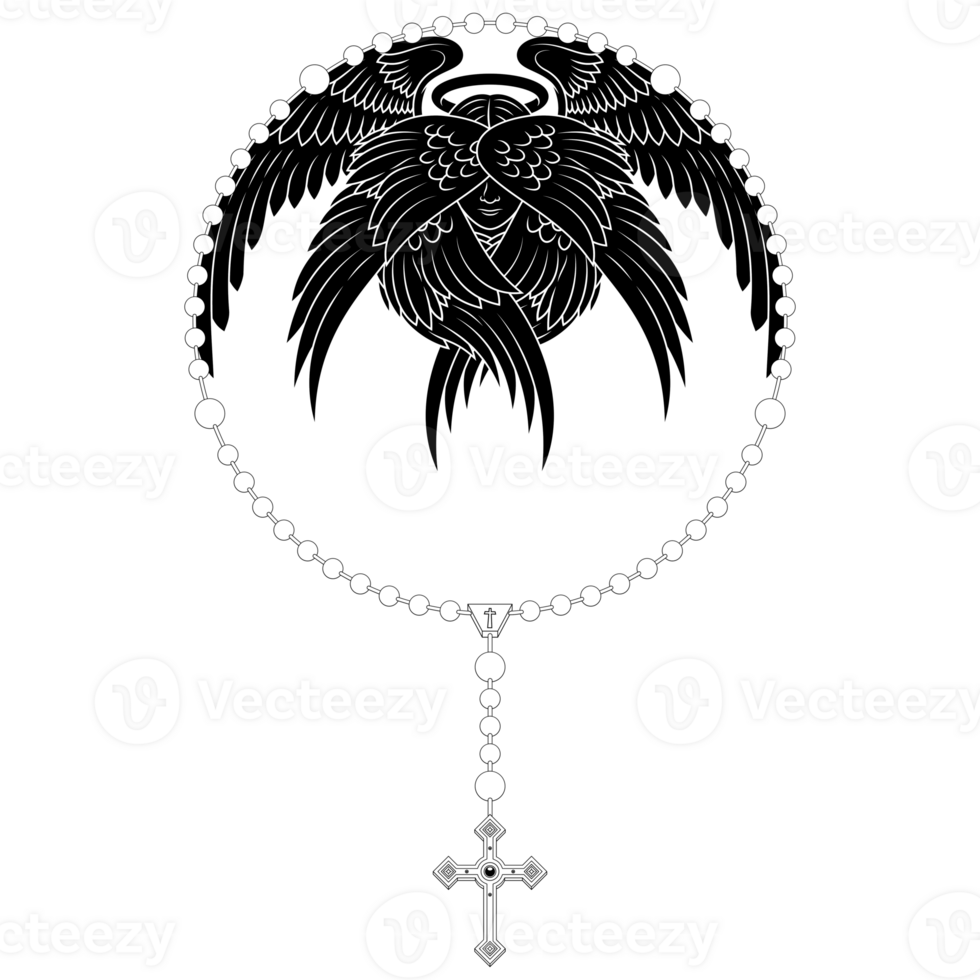 A black and white drawing of a rosary with a cross on it png