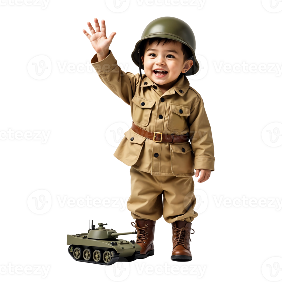 Cheerful Child Waving in Camouflage Uniform on Transparent Background png
