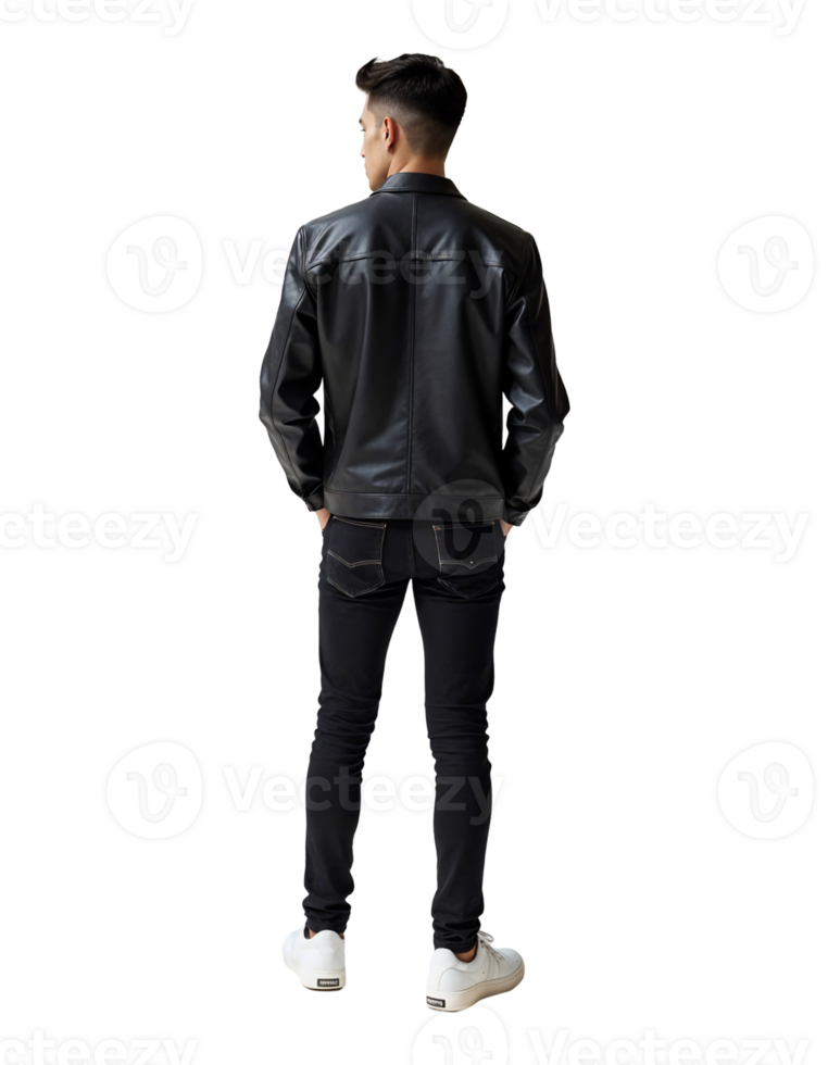 Stylish Man in Leather Jacket Standing with Hands in Pockets on Transparent Background png