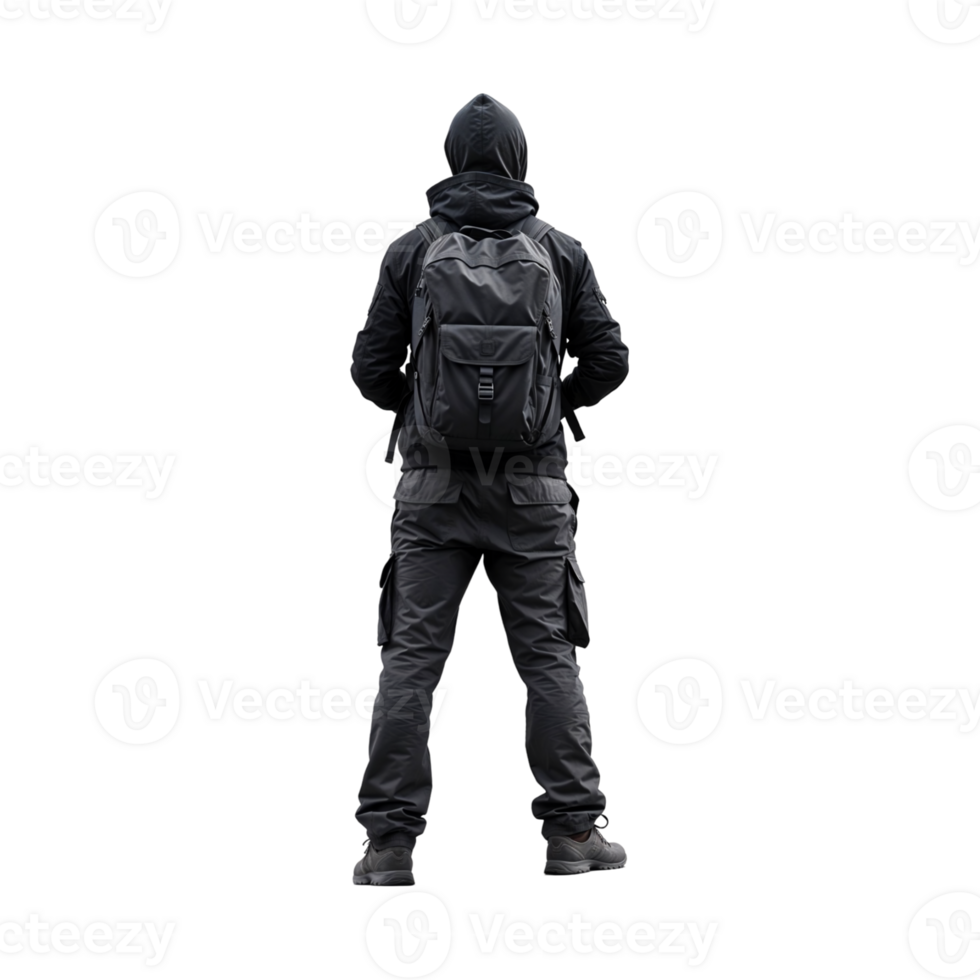 Back View of Person Wearing Black Hoodie and Backpack on Transparent Background png