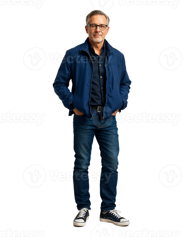 Casual Man in Blue Jacket and Jeans Standing with Hands in Pockets on Transparent Background png