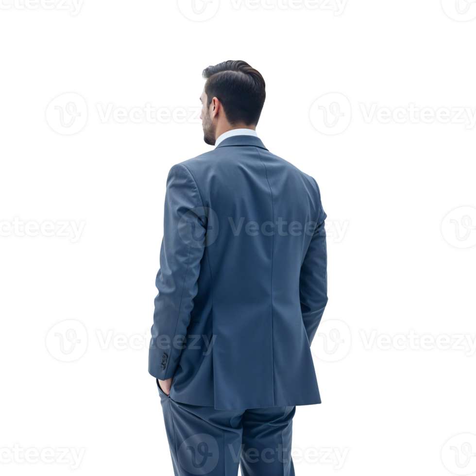 Confident Businessman in Blue Suit Standing with Back to Camera on Transparent Background png