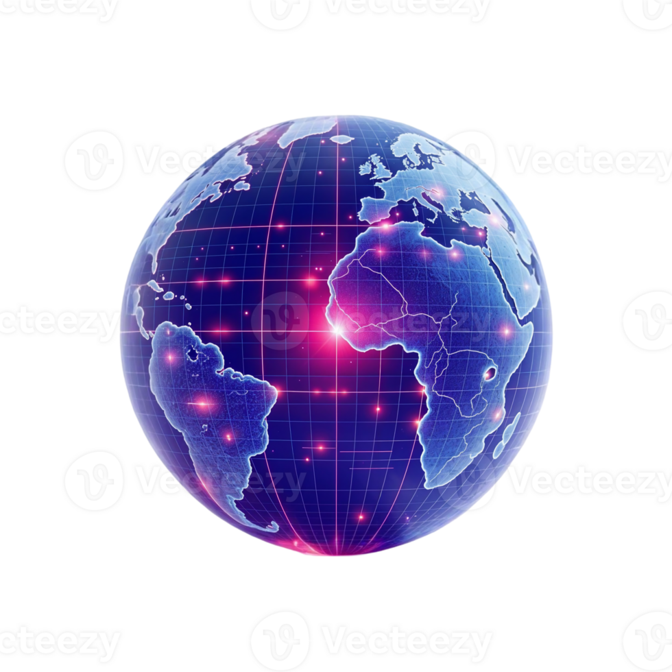 Glowing Digital Wireframe Planet with Energetic Grid on Transparent Background png