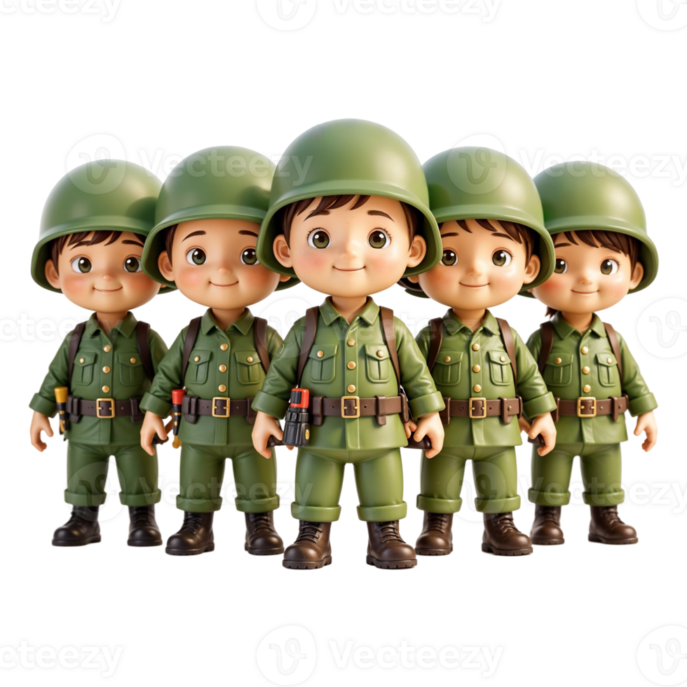 Cheerful Chibi 3D Army Figures in Playful Poses on Transparent Background png