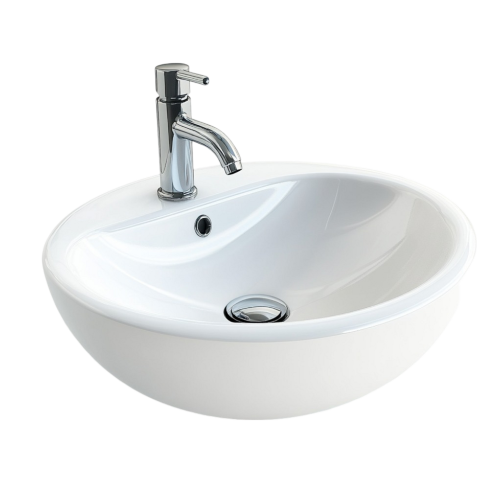 Modern White Ceramic Sink with Rounded Basin and Chrome Faucet on Transparent Background png