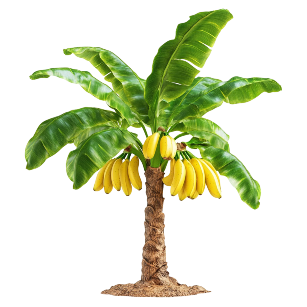 Banana Tree with Ripe Yellow Bunches and Green Leafy Fronds png