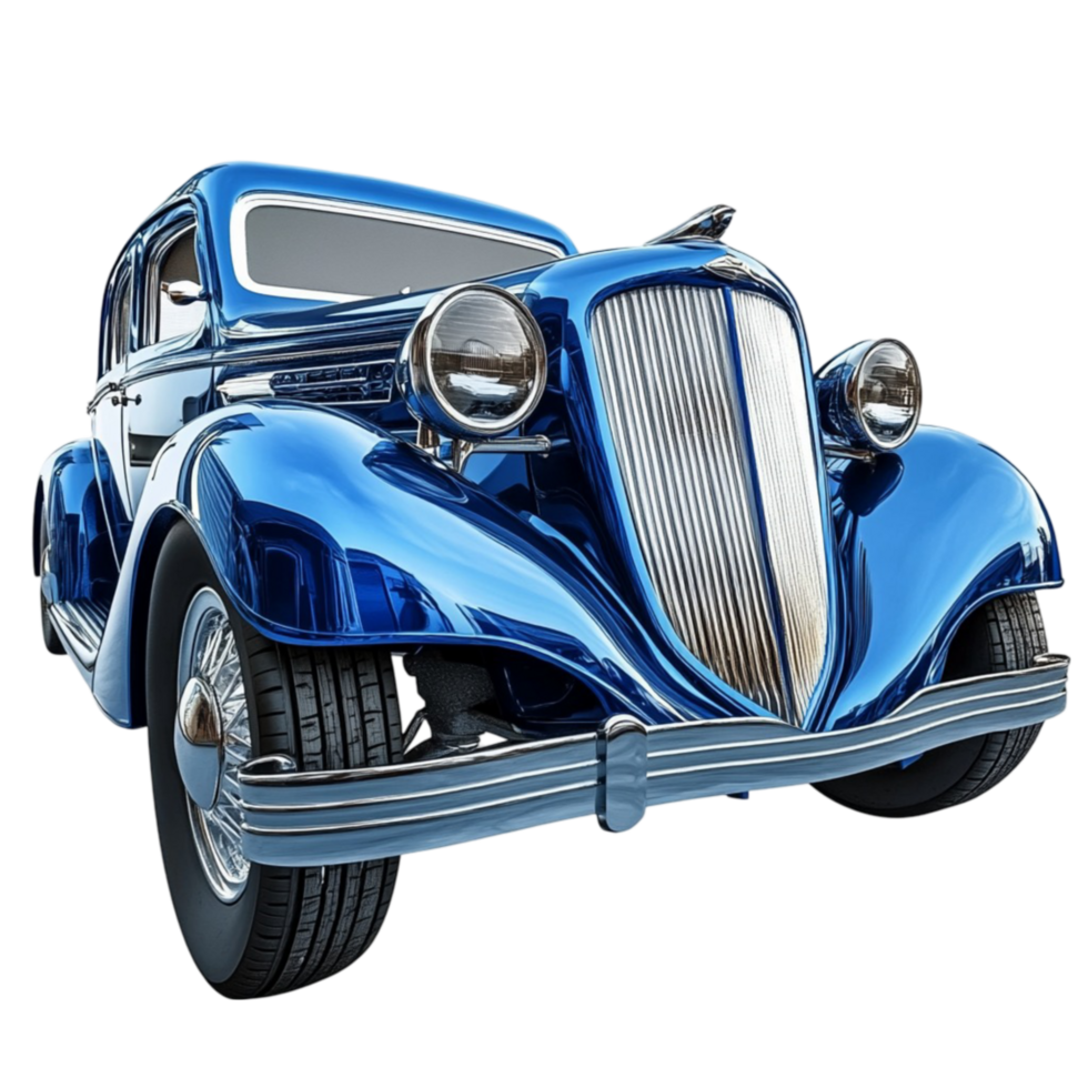Blue Retro Car with a Chrome Grille and Classic Headlights png