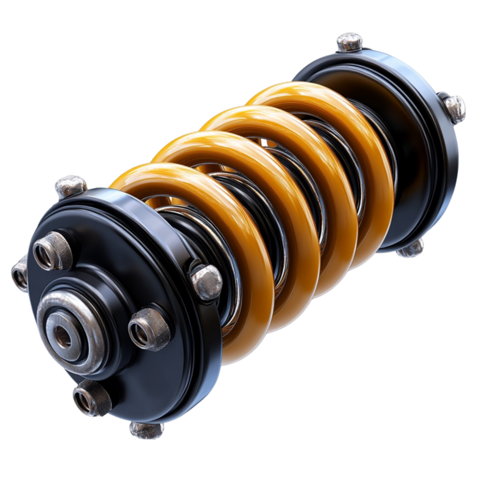 Detailed Representation of a Car Shock Absorber with Yellow Coils and Metallic Components png