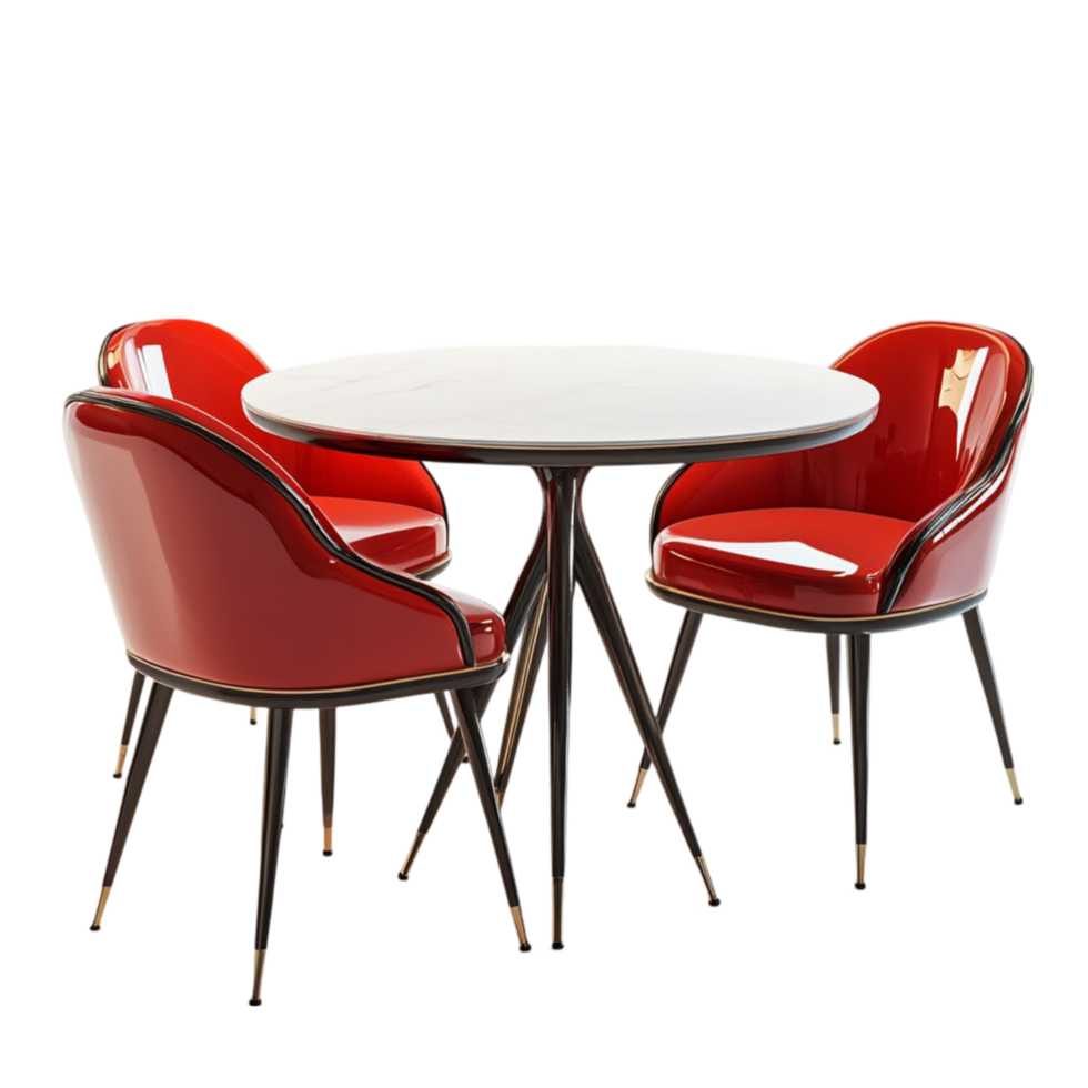 Modern Dining Set with Round Table and Four Red Chairs with Black and Gold Accents png