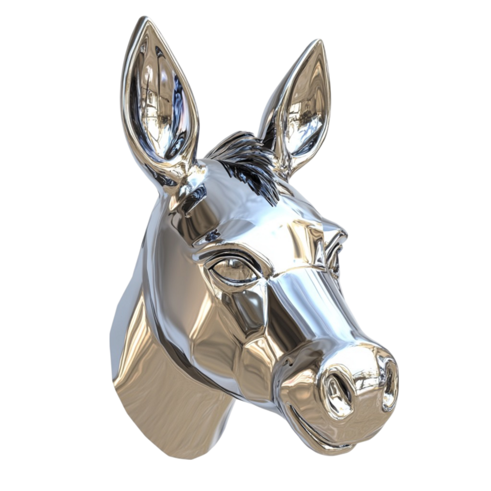 Metallic Reflective Sculpture of a Donkey's Head on Transparent Background png