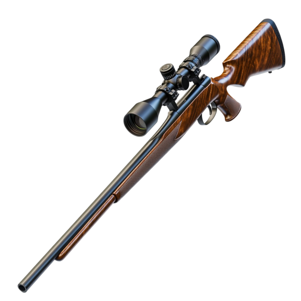 Detailed 3D Rendering of Rifle with Wooden Stock and Mounted Scope png