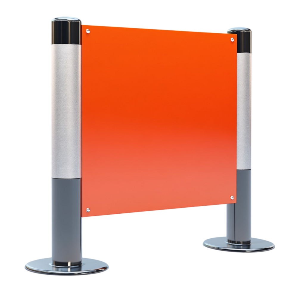 Bright orange banner attached to chrome-finished metal poles on a transparent background. png