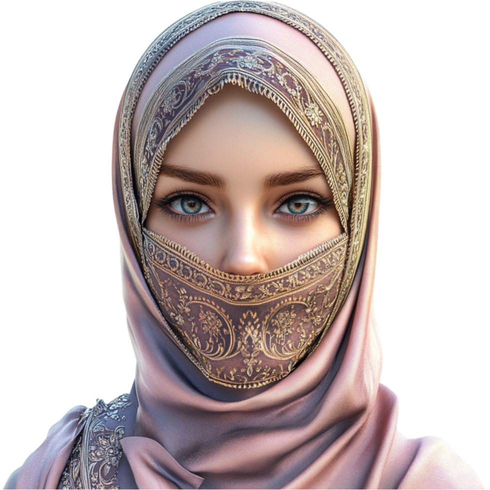 Woman in a Pink Hijab with Golden Embroidery png
