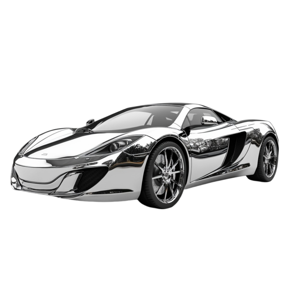Silver futuristic sports car with sleek design, angular lines, and aerodynamic features. png