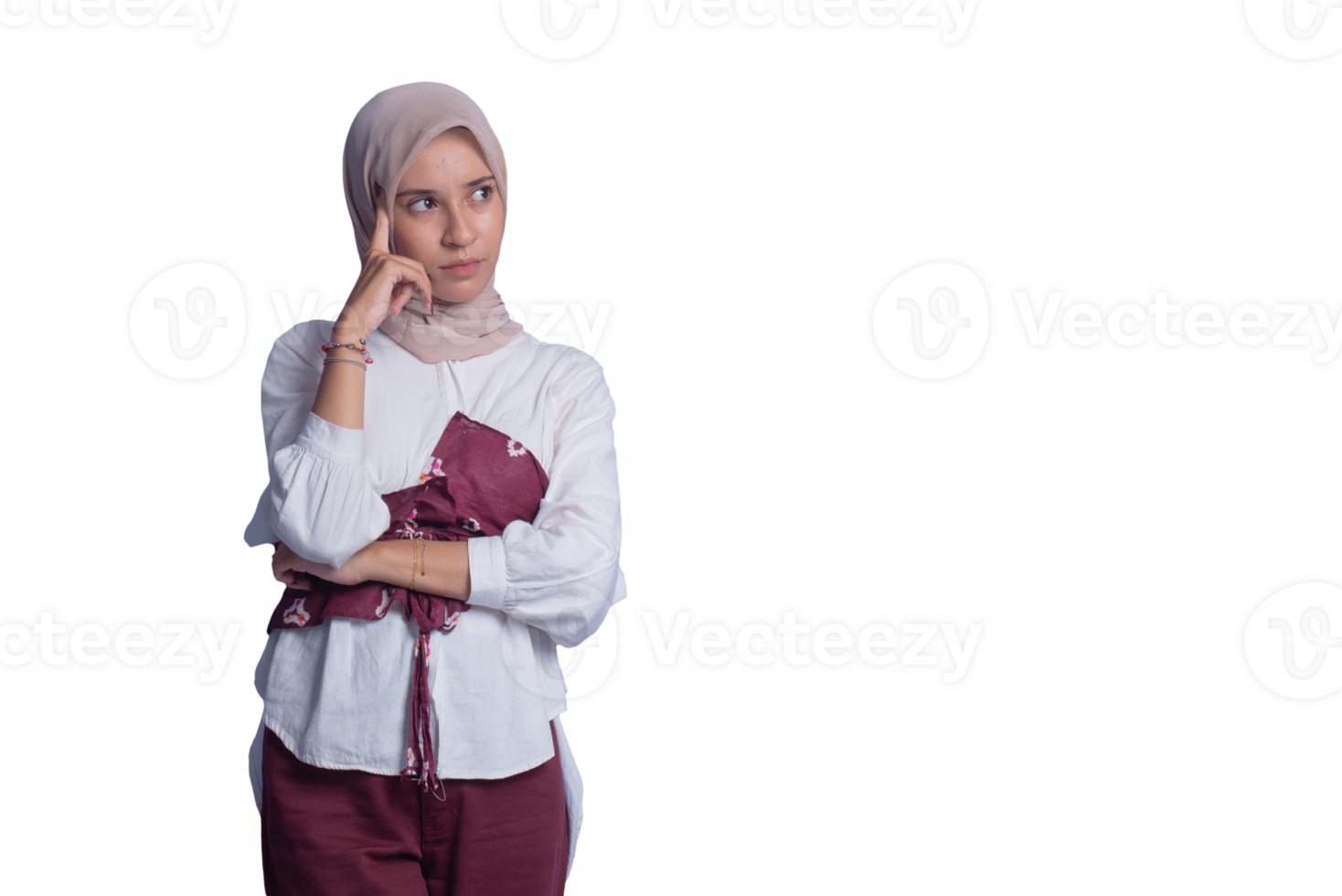 A woman in a hijab is standing with her hands on her chin png