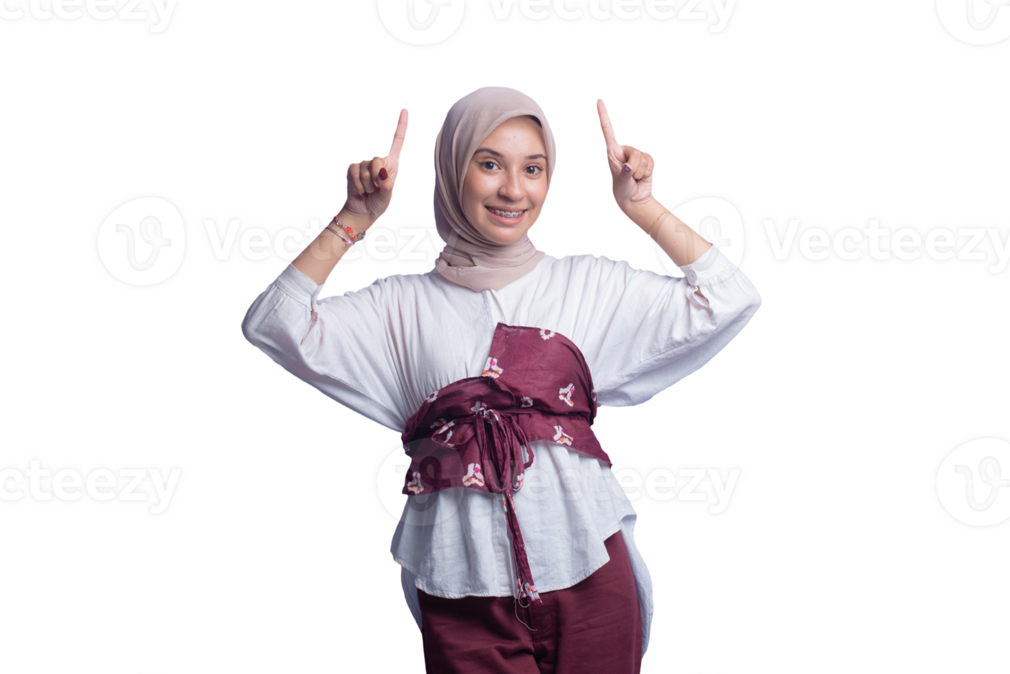 A woman in a hijab is making a peace sign png