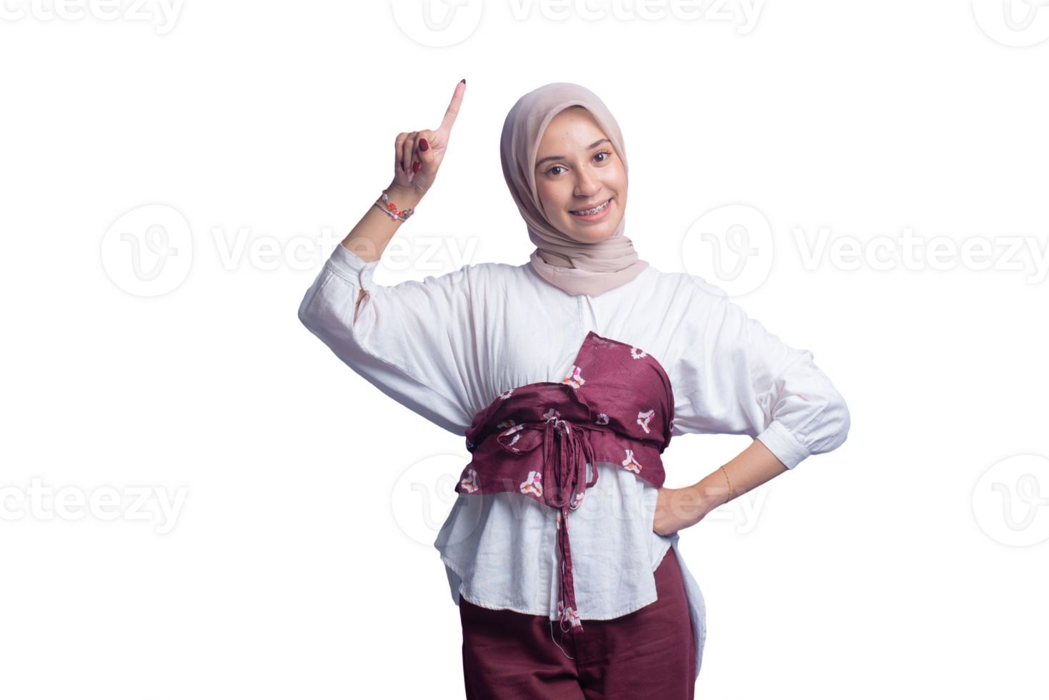 A woman in a hijab is holding up a finger png