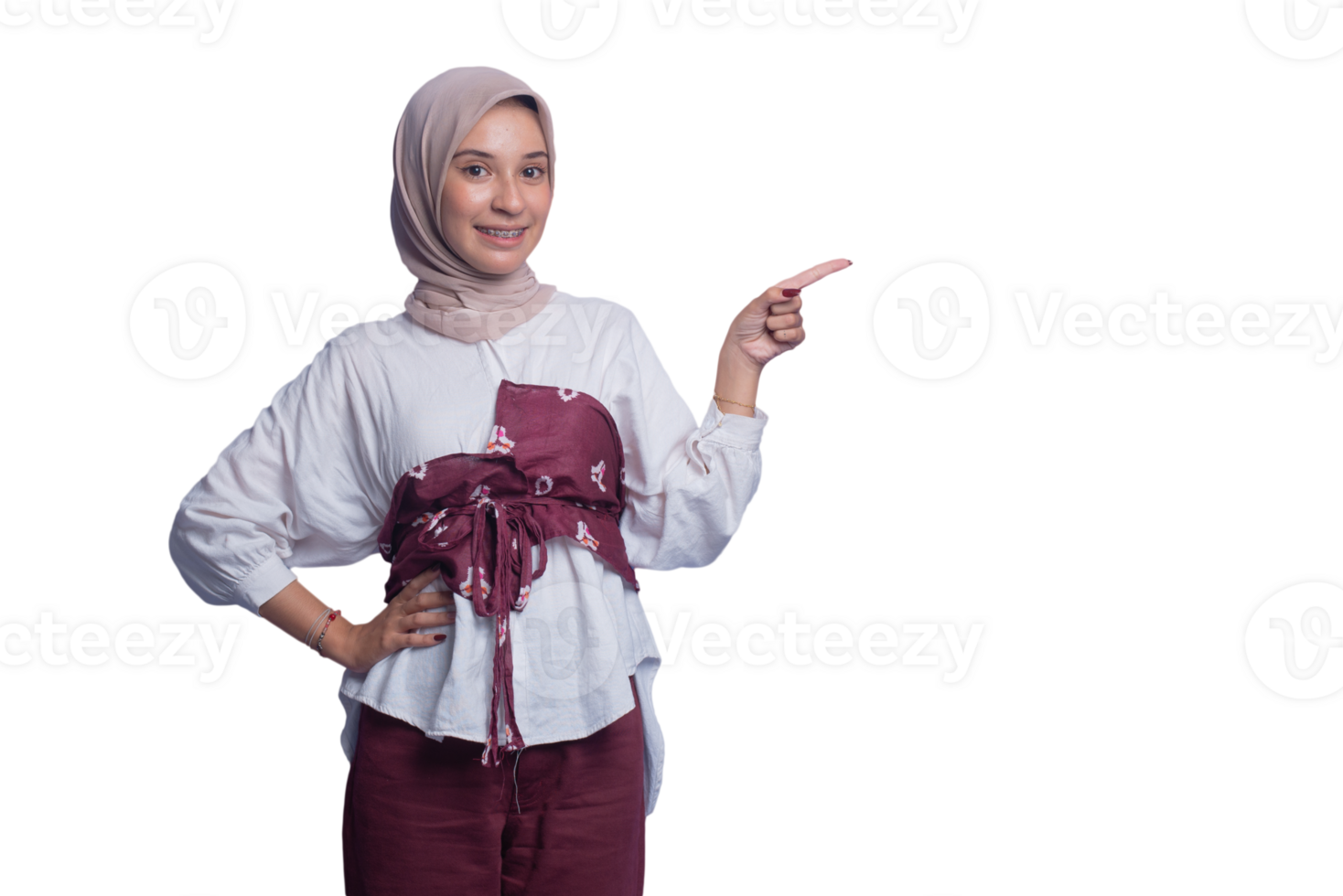 A woman in a white shirt and maroon pants is pointing at something png